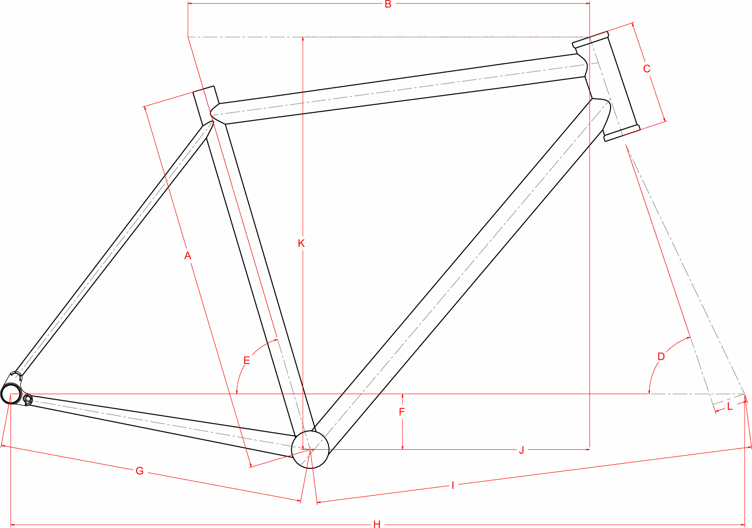 Schéma de géométrie du cadre Distance 30, cotes repérées de A à L