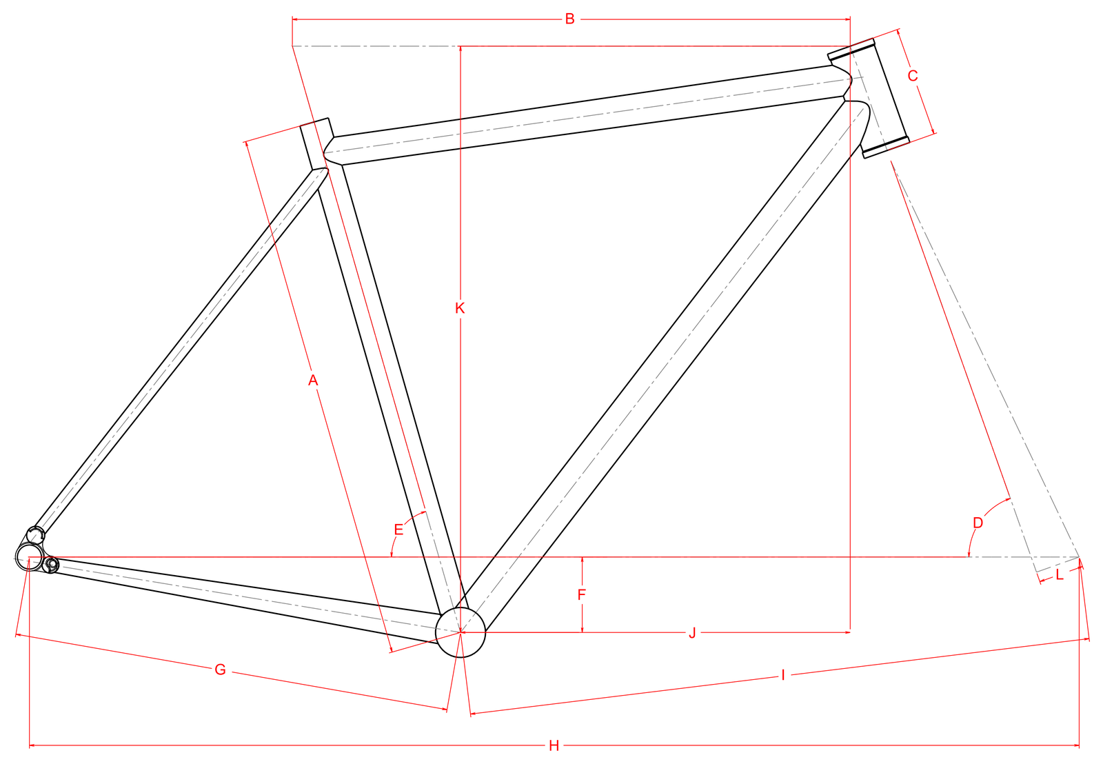 Schéma de géométrie du cadre Distance 45-FS, cotes repérées de A à L