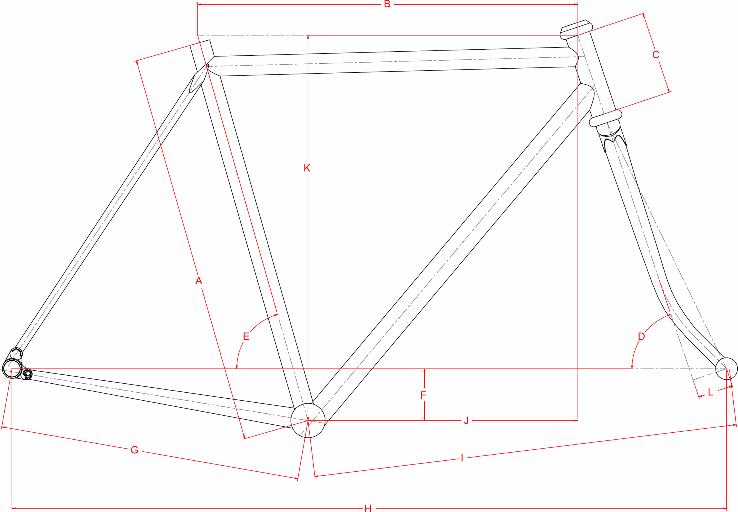 Schéma de géométrie du cadre Distance Croix-Morand, cotes repérées de A à L