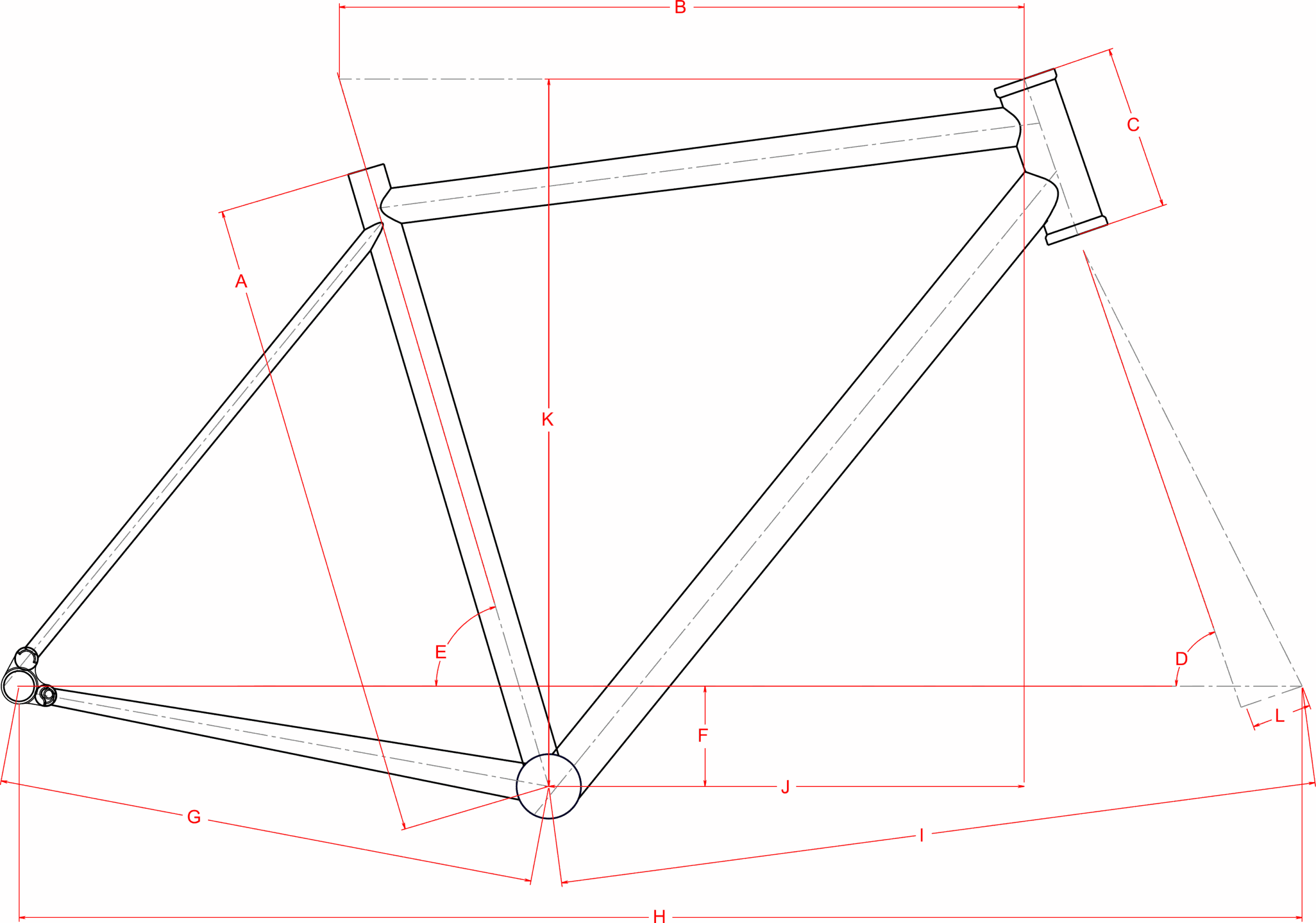 Schéma de géométrie du cadre Distance 40, cotes repérées de A à L